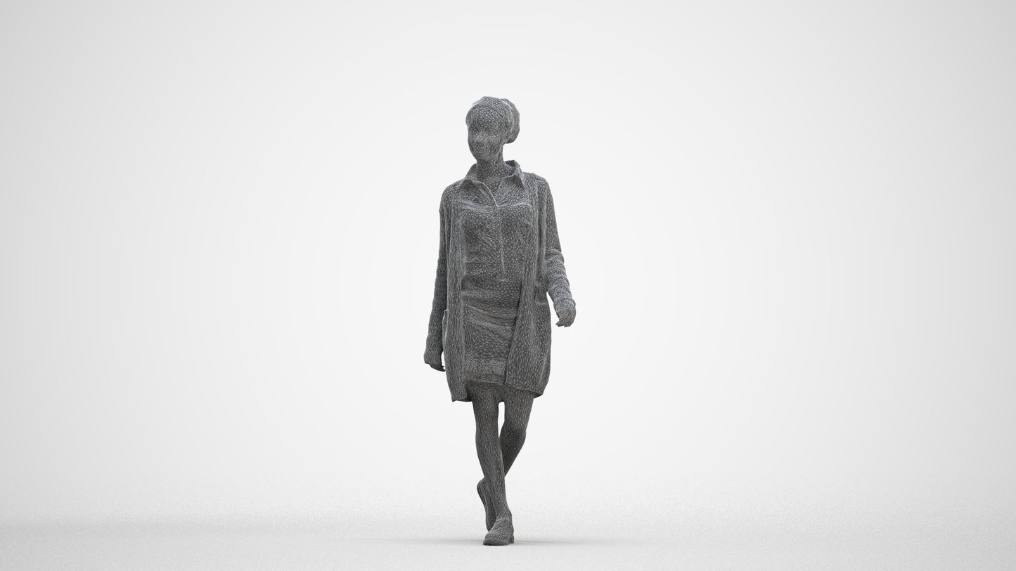 3D scanned woman walking casual, photorealistic archviz people for Enscape and SketchUp, three-quarter front view render