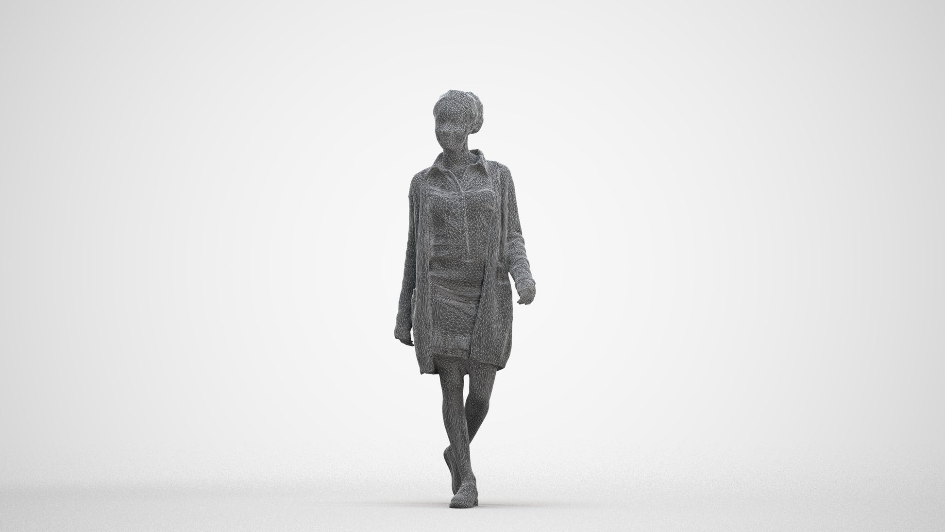 3D scanned woman walking casual, photorealistic archviz people for Enscape and SketchUp, three-quarter front view render