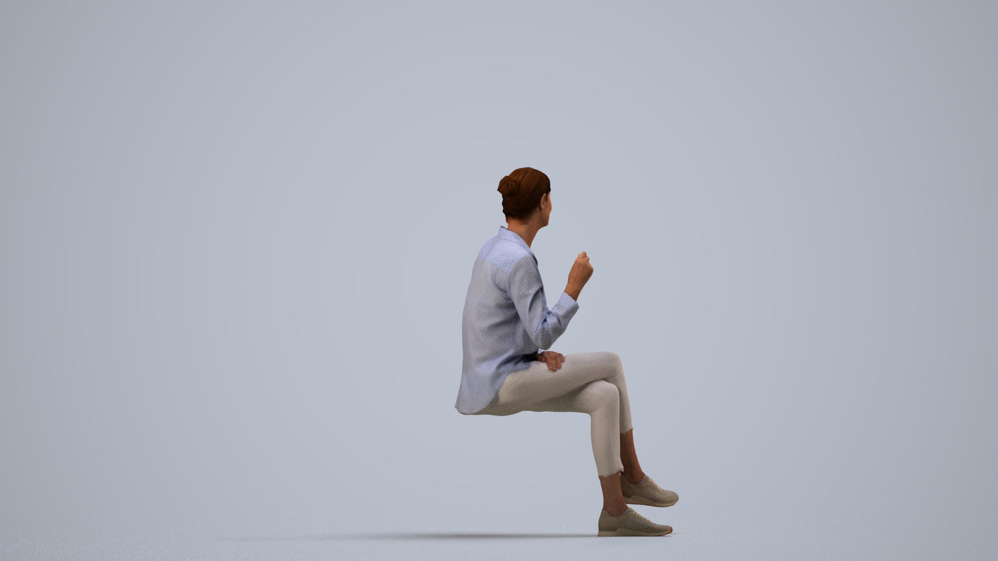 realistic 3D human senior woman casual sitting, archviz people FBX OBJ for Blender, side view render