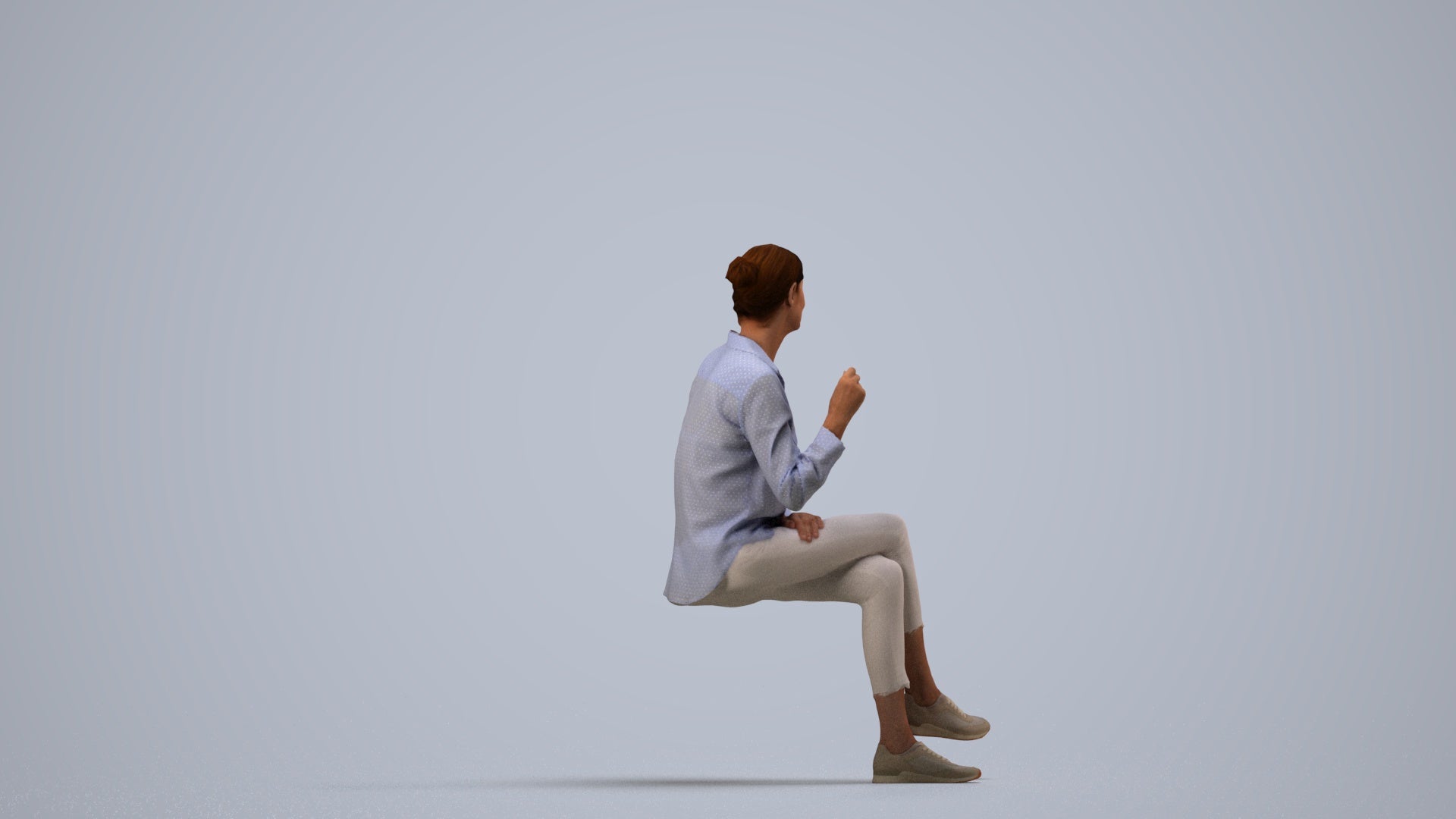 realistic 3D human senior woman casual sitting, archviz people FBX OBJ for Blender, side view render