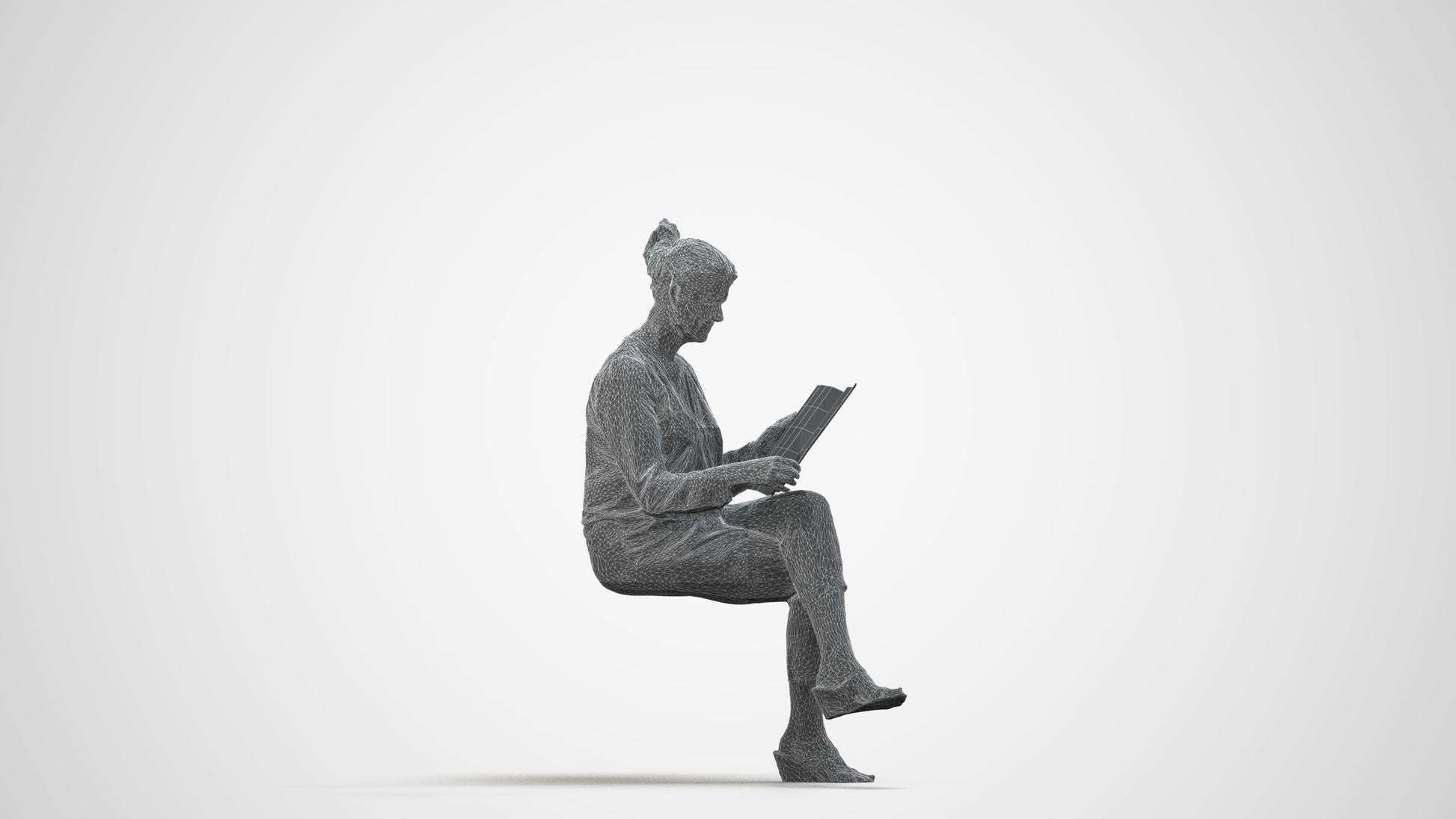 3D people model woman casual sitting, scanned human for 3ds Max rendering, wireframe side view