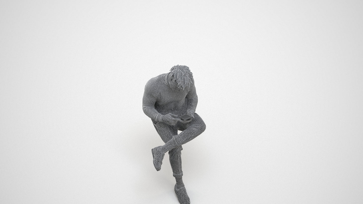 realistic 3D human man casual sitting, archviz people FBX OBJ for Blender, wireframe three-quarter view