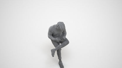 realistic 3D human man casual sitting, archviz people FBX OBJ for Blender, wireframe three-quarter view