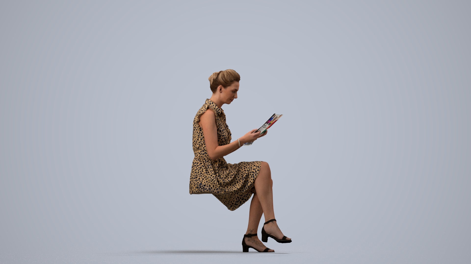 3D people model woman casual sitting, scanned human for 3ds Max rendering, side view render