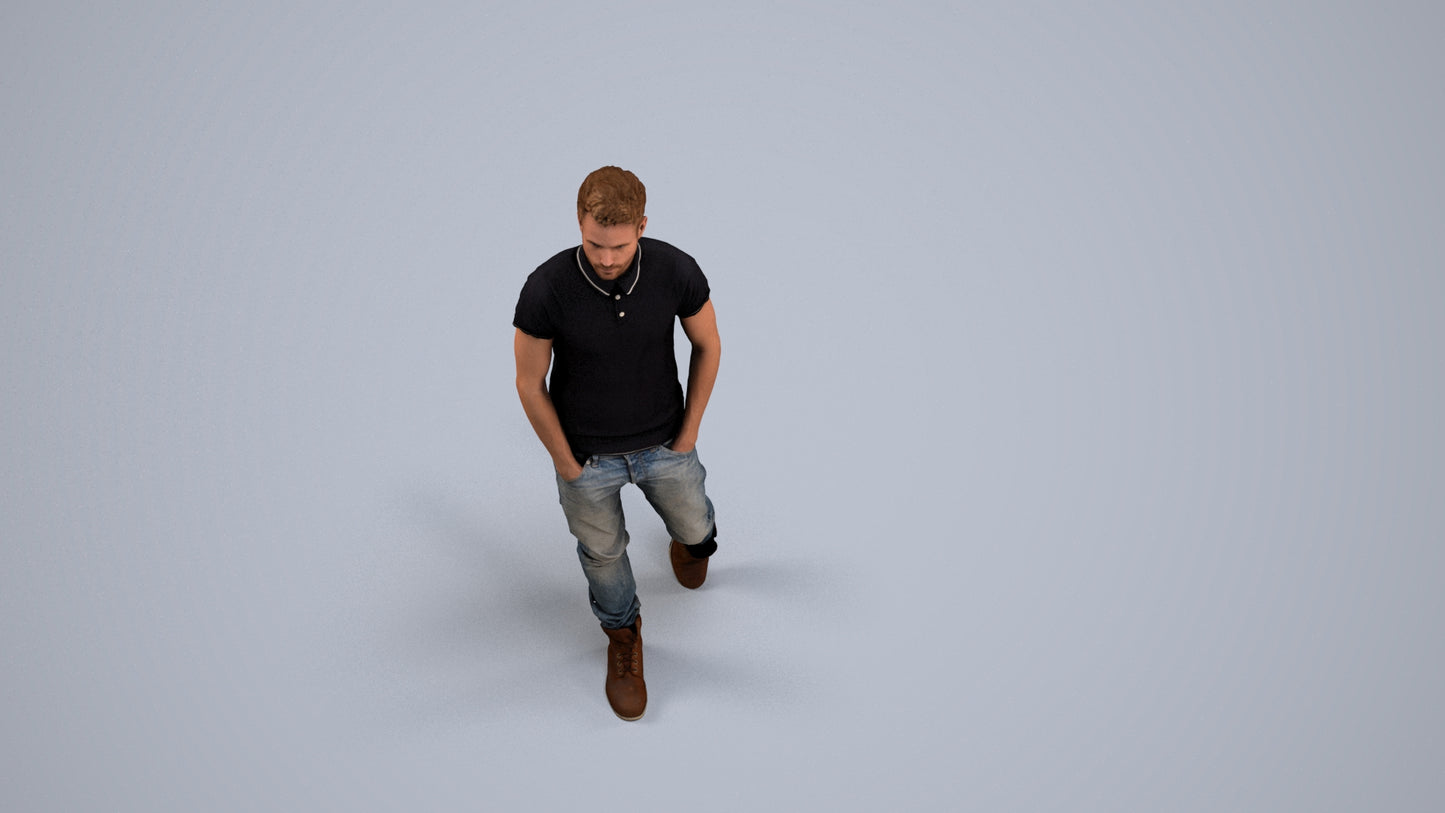3D people model man casual walking, scanned human for 3ds Max rendering, back view render