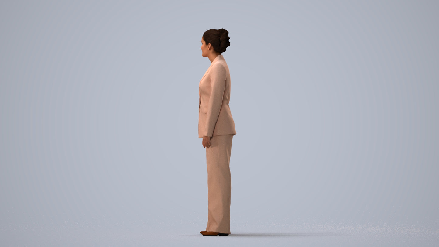 3D scanned woman standing business, photorealistic archviz people for Enscape and SketchUp, three-quarter view render
