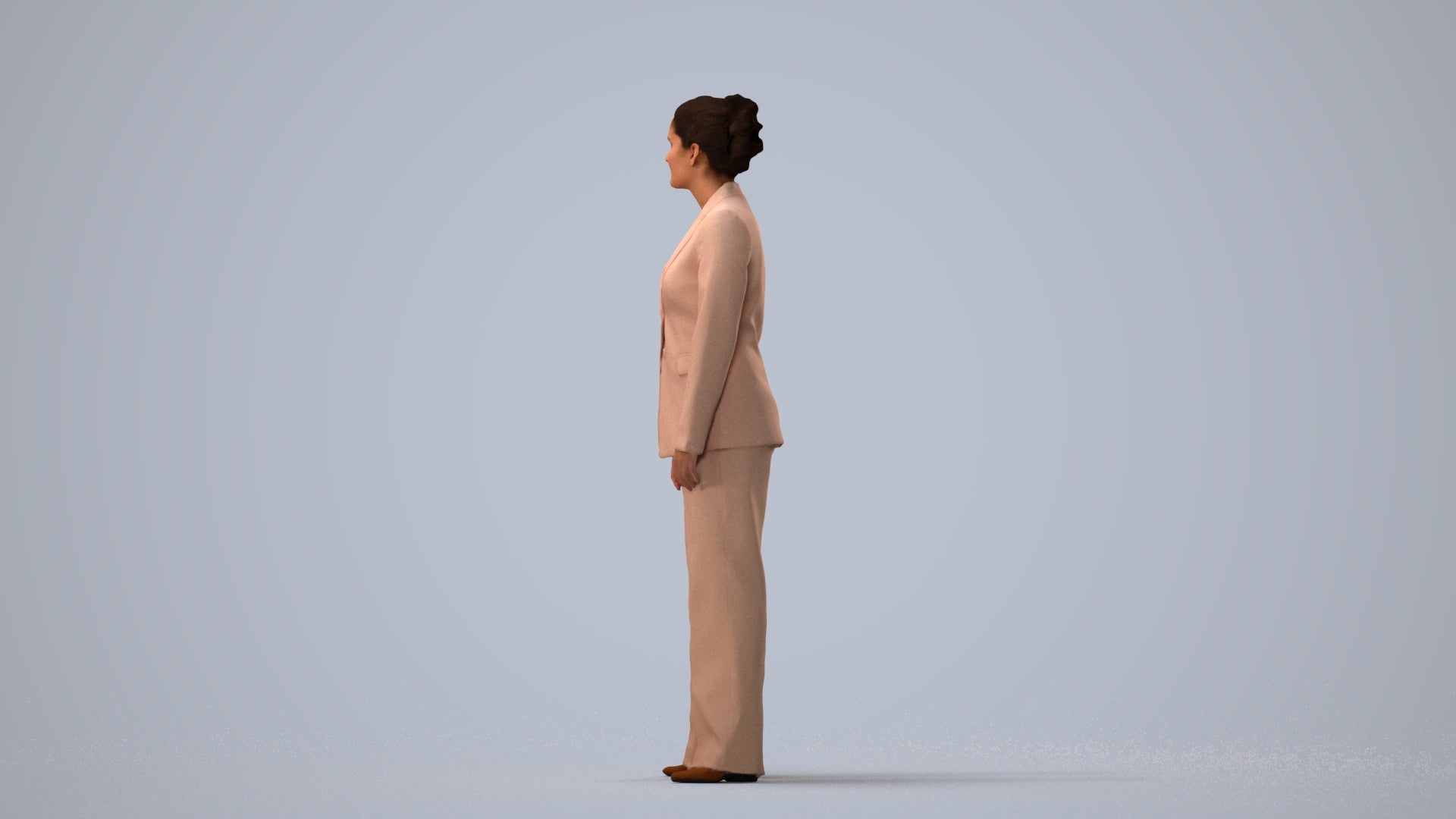 3D scanned woman standing business, photorealistic archviz people for Enscape and SketchUp, three-quarter view render