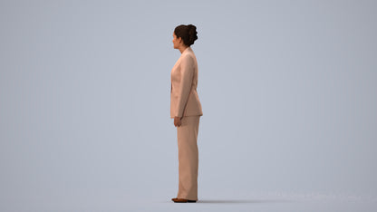 3D scanned woman standing business, photorealistic archviz people for Enscape and SketchUp, three-quarter view render