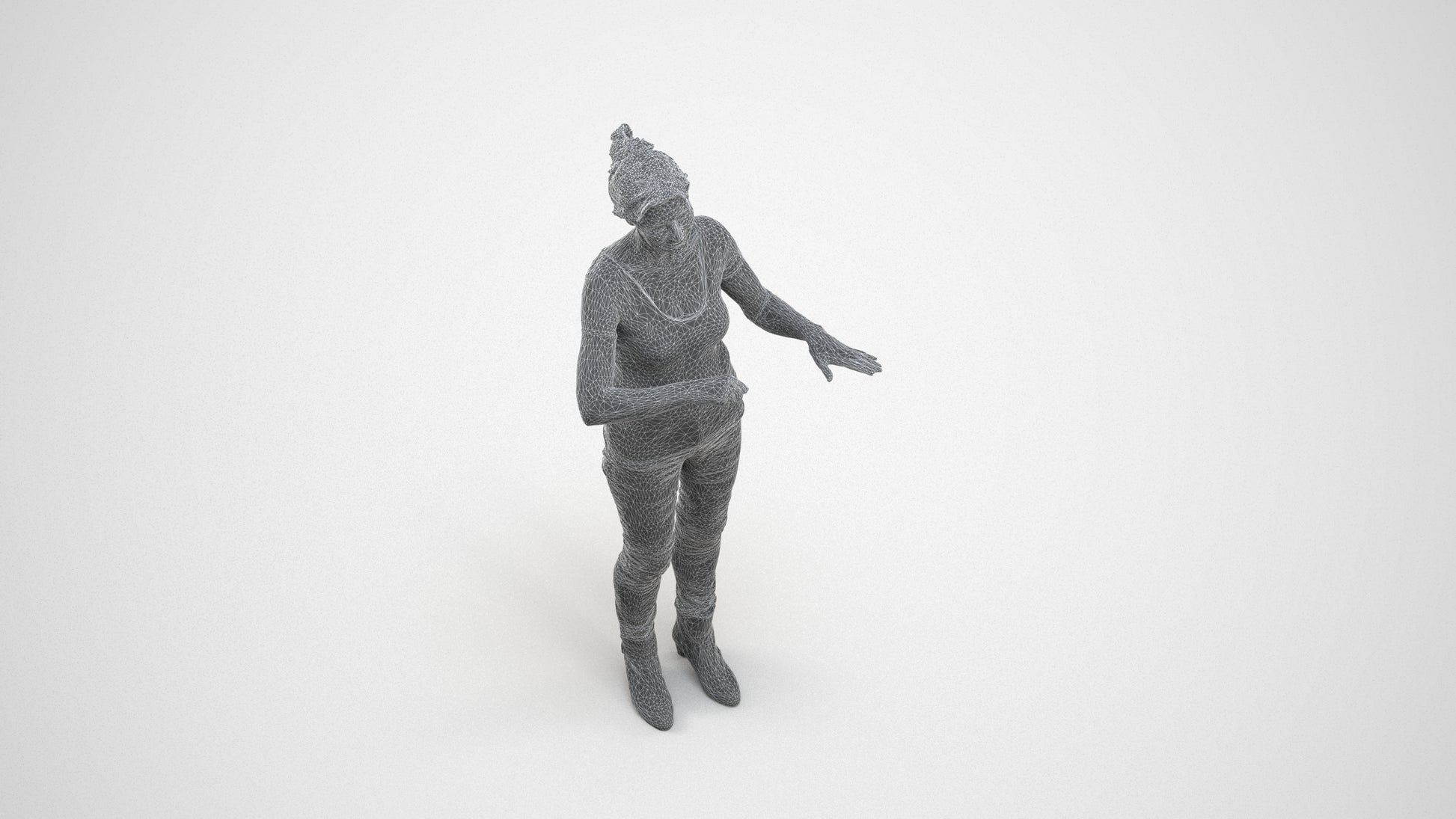 3D scanned senior woman standing casual, photorealistic archviz people for Enscape and SketchUp, wireframe three-quarter view