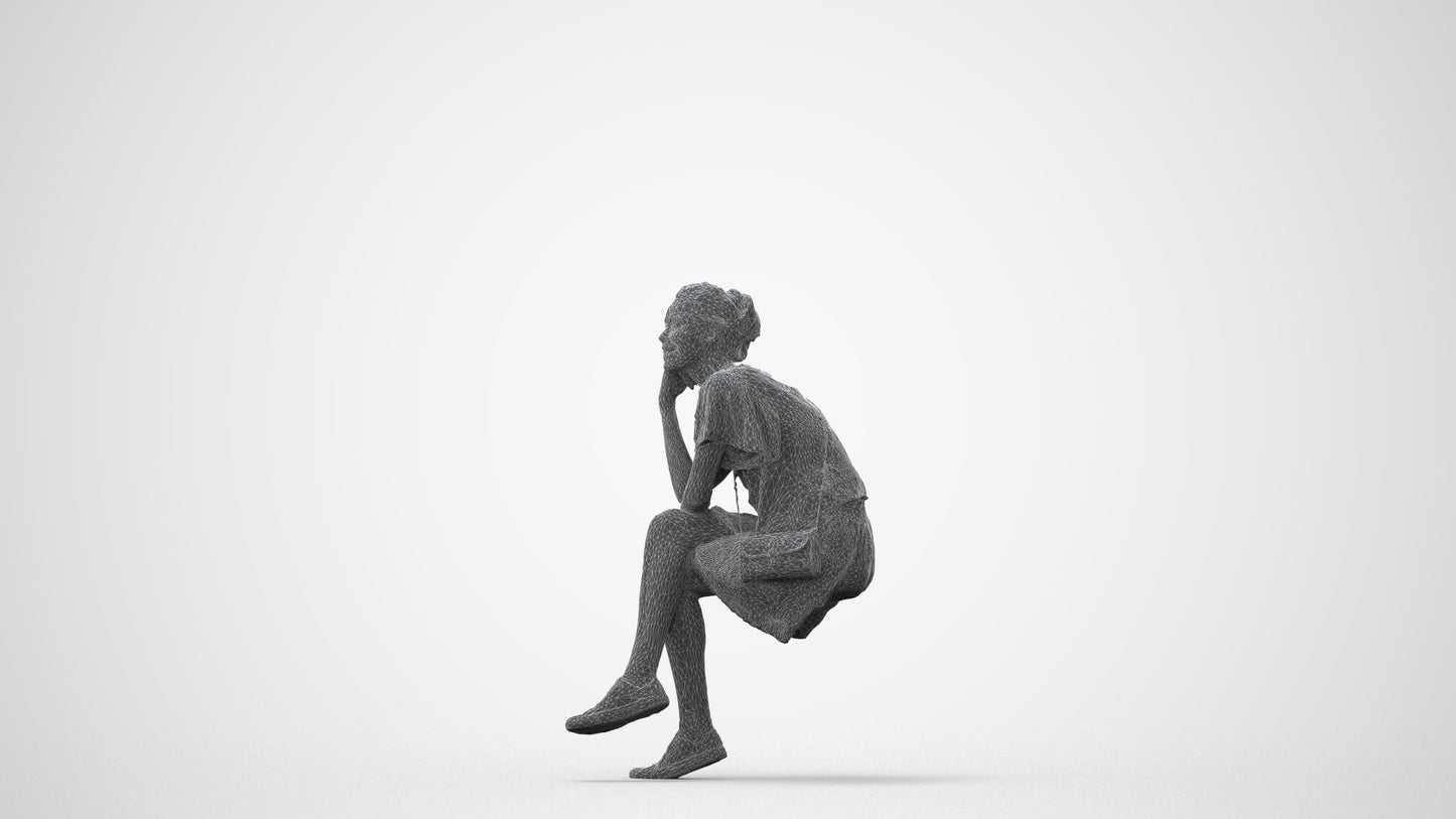 scanned 3D woman casual sitting, photogrammetry people for Enscape and V-Ray, square thumbnail