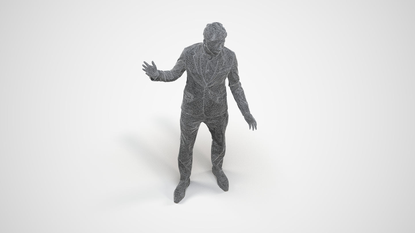 photogrammetry 3D man business, realistic human model archviz FBX, wireframe three-quarter view