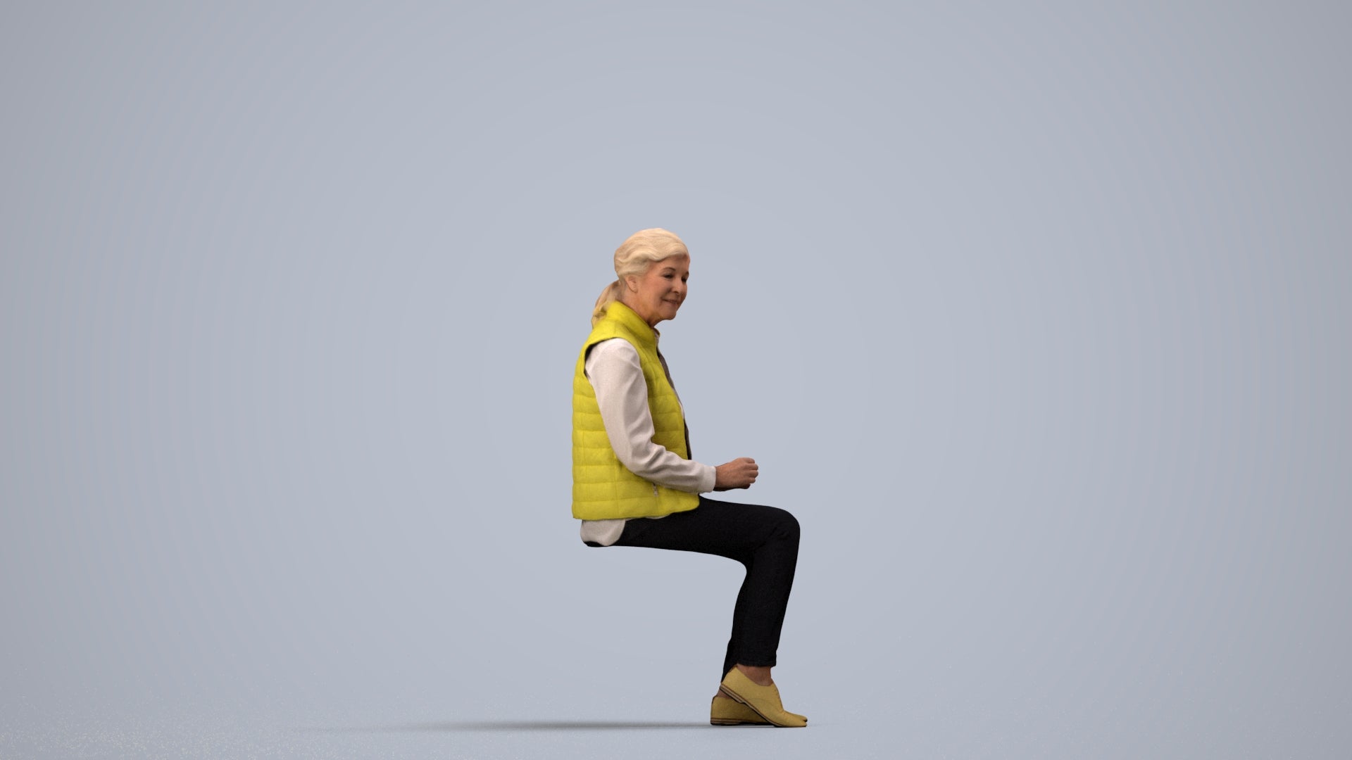 scanned 3D senior woman casual sitting, photogrammetry people for Enscape and V-Ray, side view render
