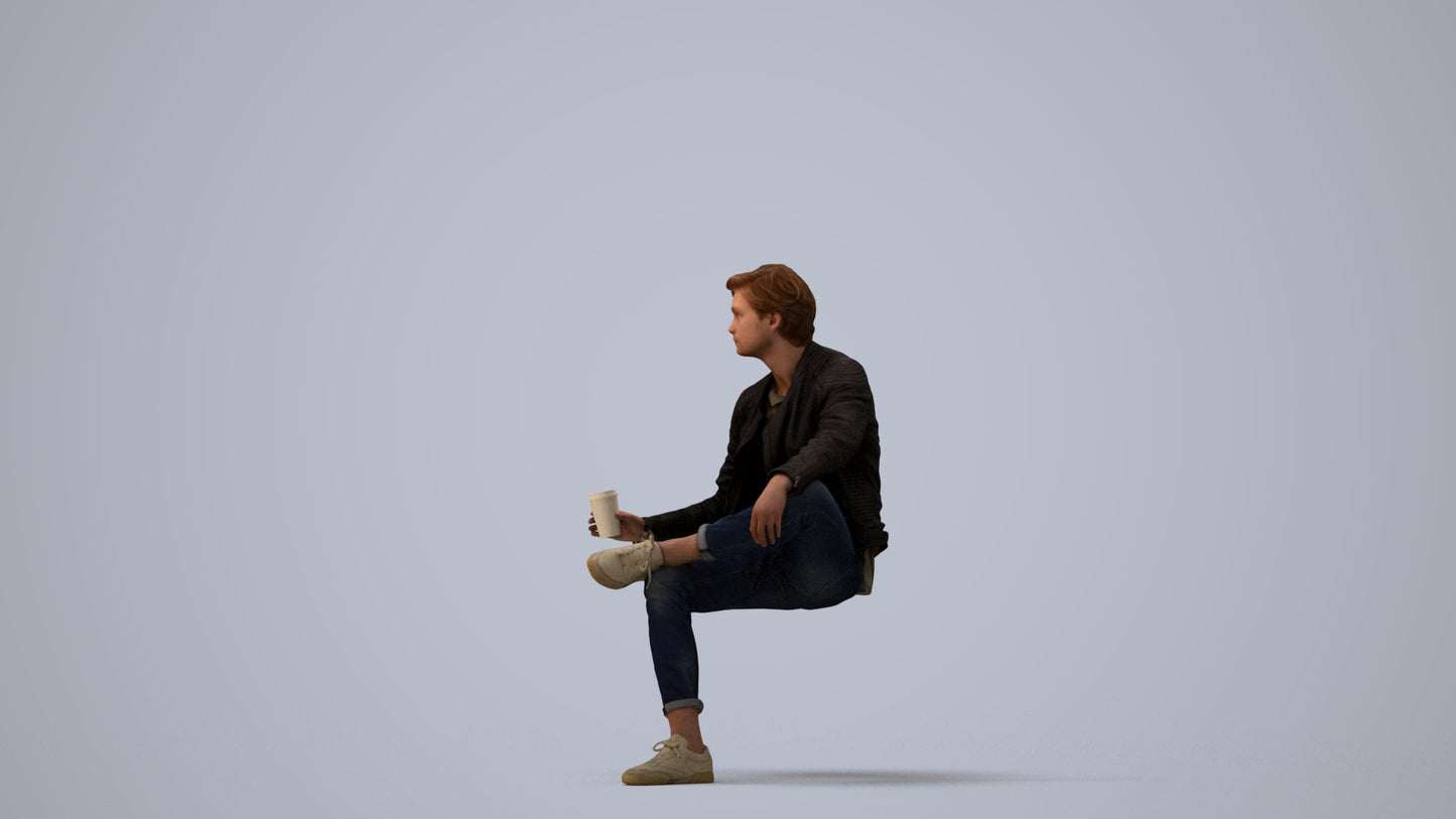 realistic 3D people man casual sitting, render-ready for V-Ray and Corona, FBX OBJ, three-quarter view render