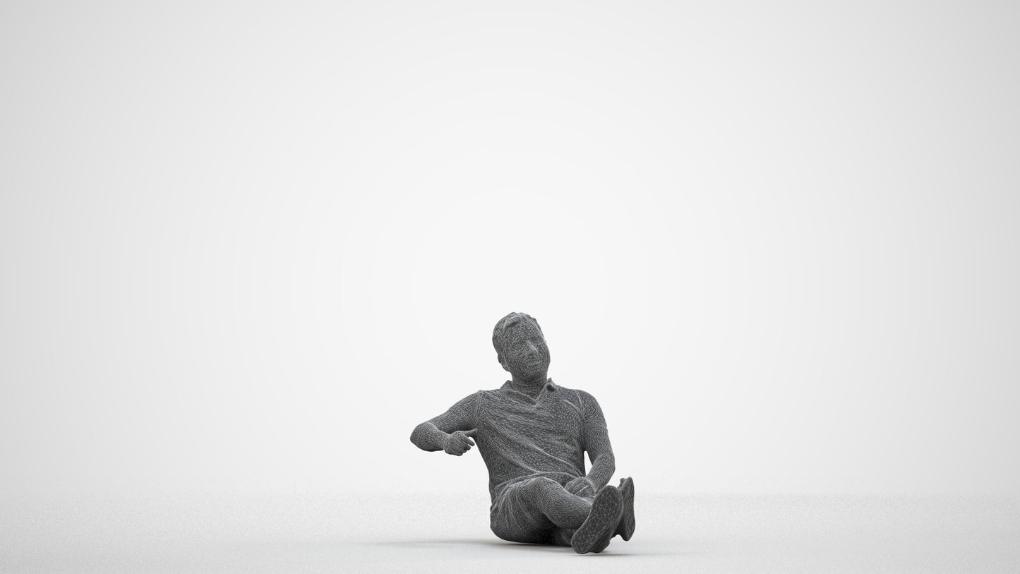3D people model man casual sitting, scanned human for 3ds Max rendering, wireframe side view