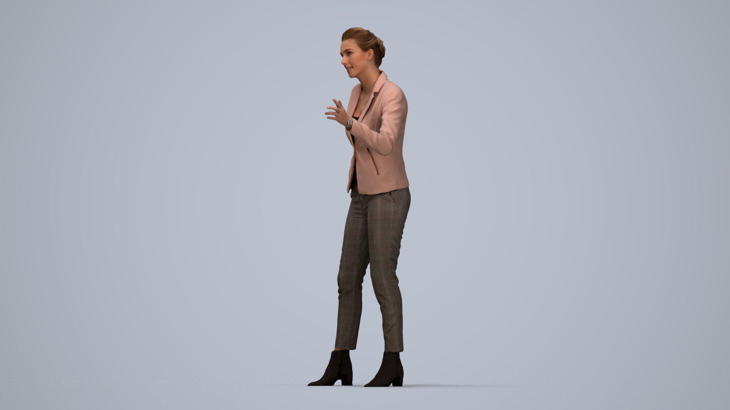 3D human model woman business, photogrammetry scanned person for archviz, top-down view render