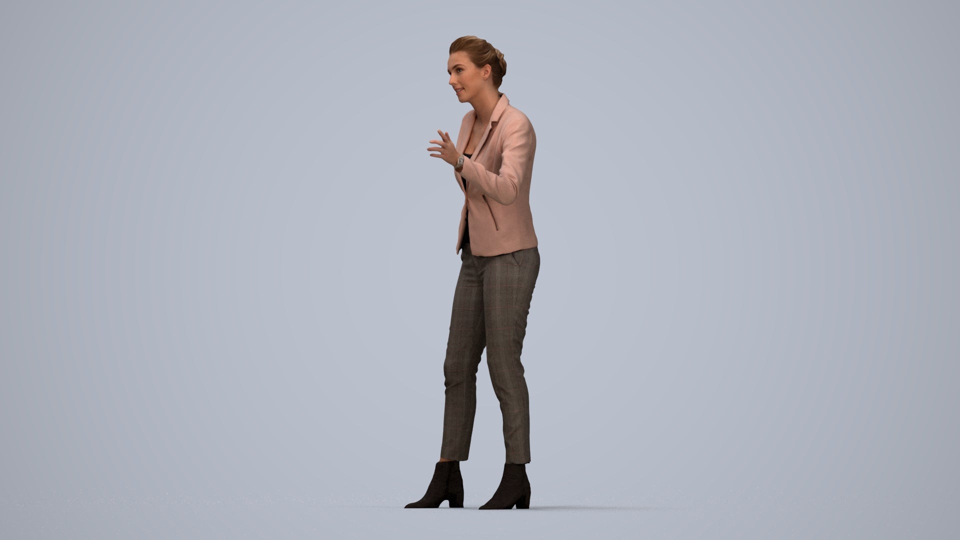 3D human model woman business, photogrammetry scanned person for archviz, top-down view render