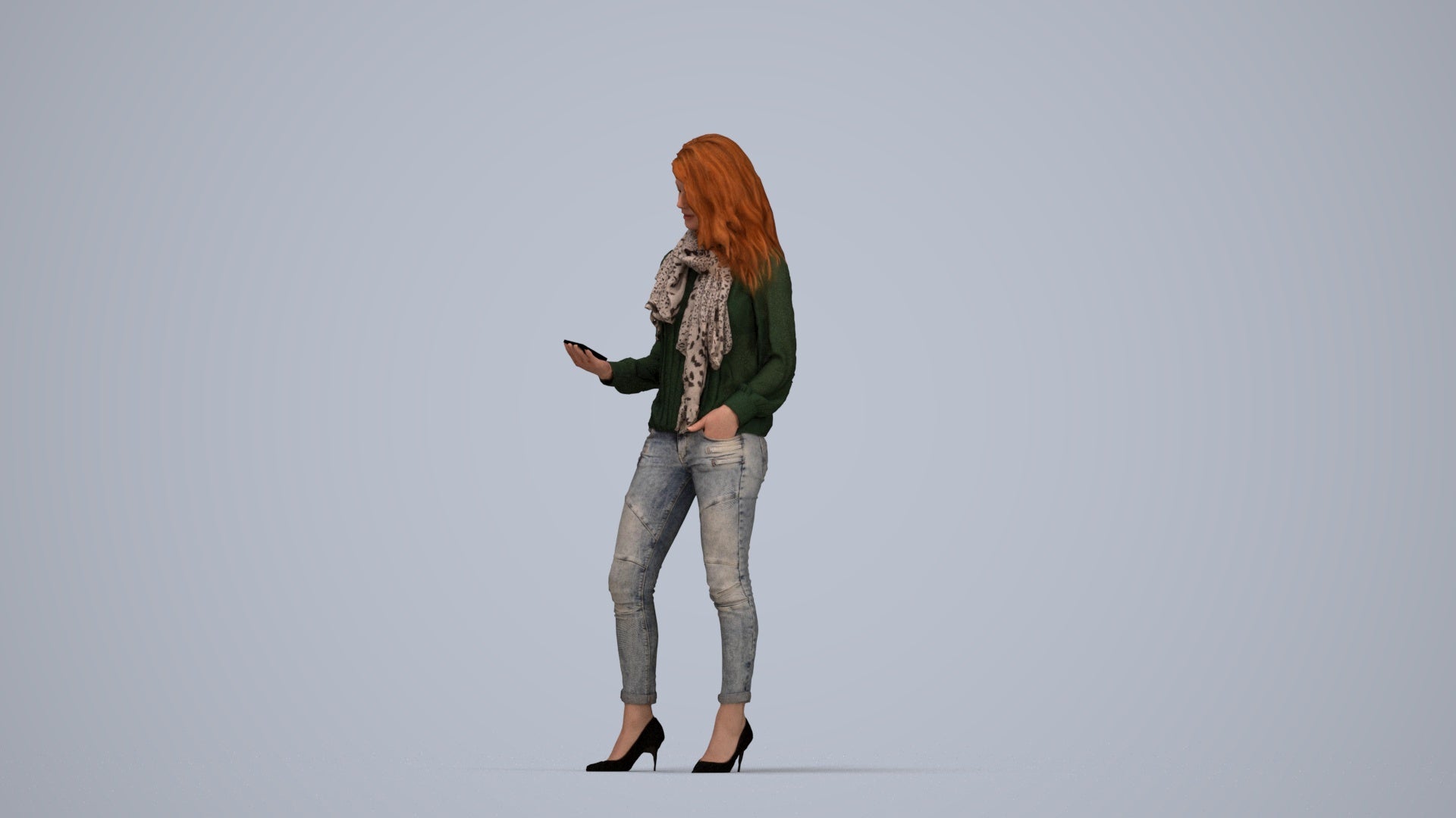 3D scanned woman standing casual, photorealistic archviz people for Enscape and SketchUp, top-down view render