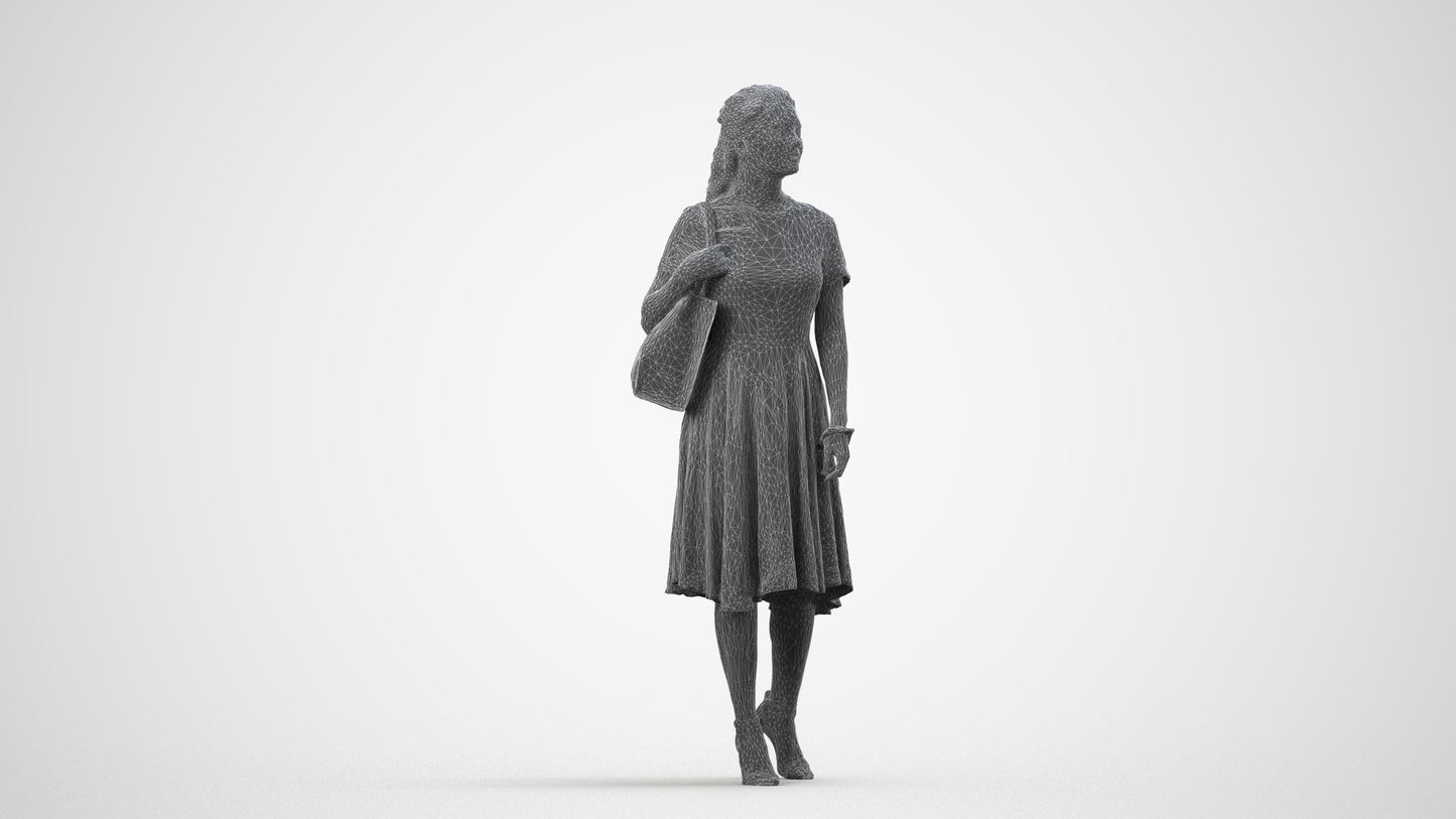 scanned 3D woman casual walking, photogrammetry people for Enscape and V-Ray, wireframe side view