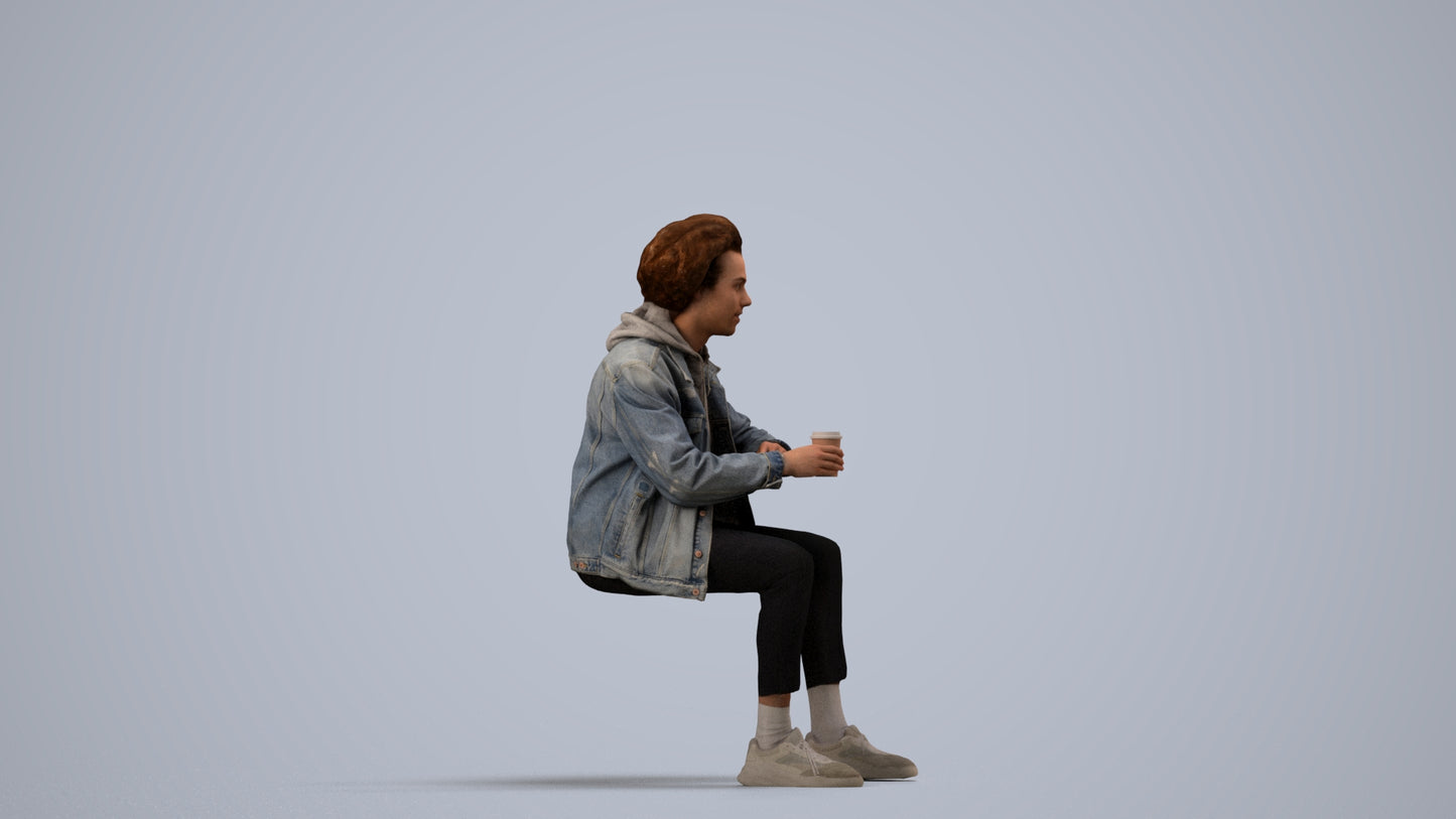 photogrammetry 3D man casual sitting, realistic human model archviz FBX, side view render