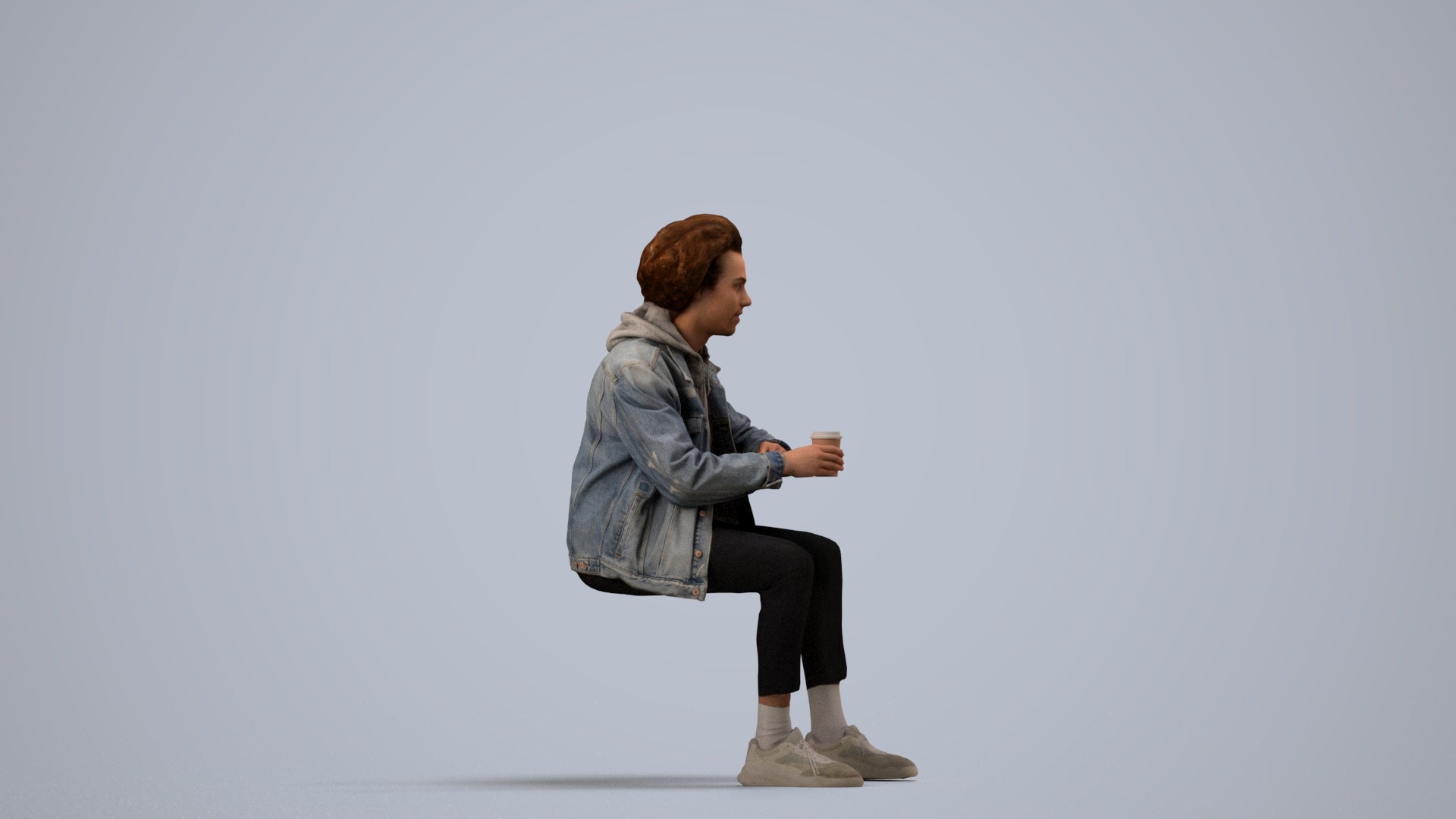 photogrammetry 3D man casual sitting, realistic human model archviz FBX, side view render