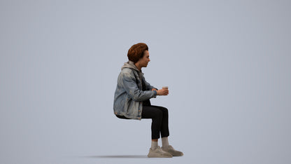 photogrammetry 3D man casual sitting, realistic human model archviz FBX, side view render