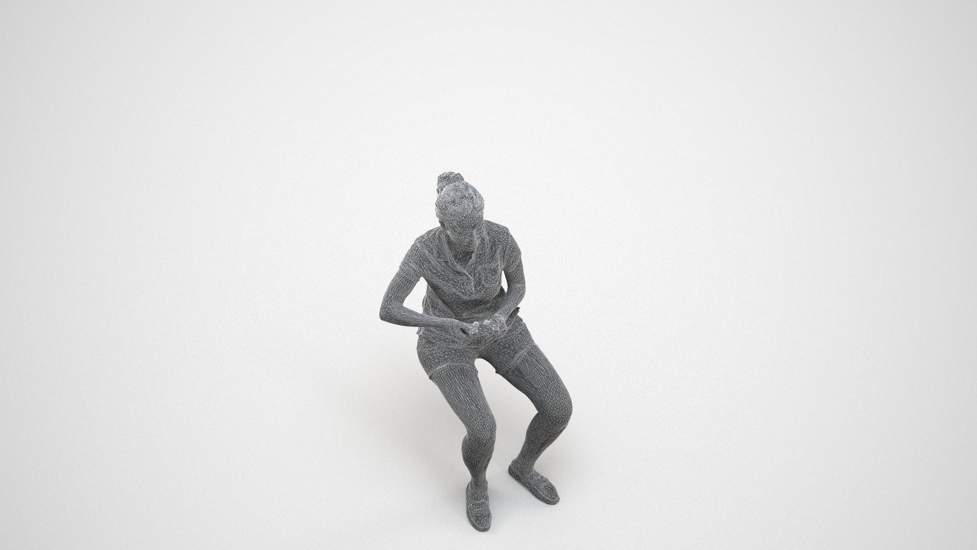 3D scanned woman sitting casual, photorealistic archviz people for Enscape and SketchUp, wireframe three-quarter view
