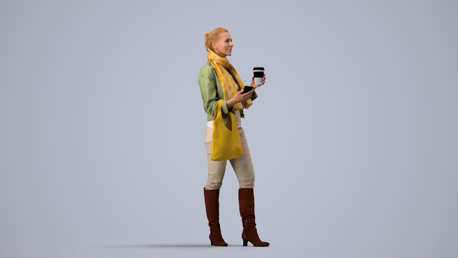 realistic 3D people woman casual standing, render-ready for V-Ray and Corona, FBX OBJ, side view render