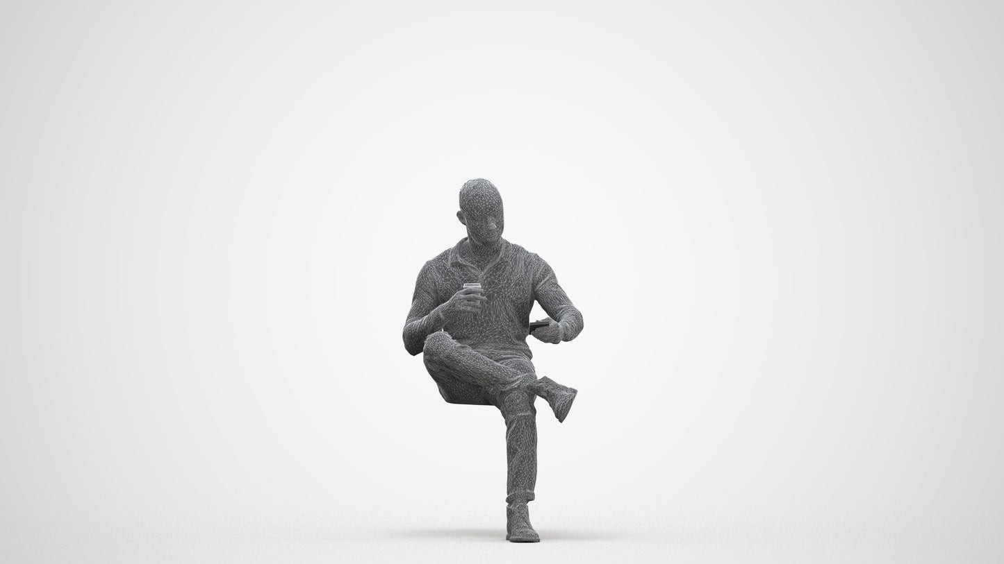 realistic 3D man casual sitting, scanned archviz people for Blender and 3ds Max, three-quarter front view render