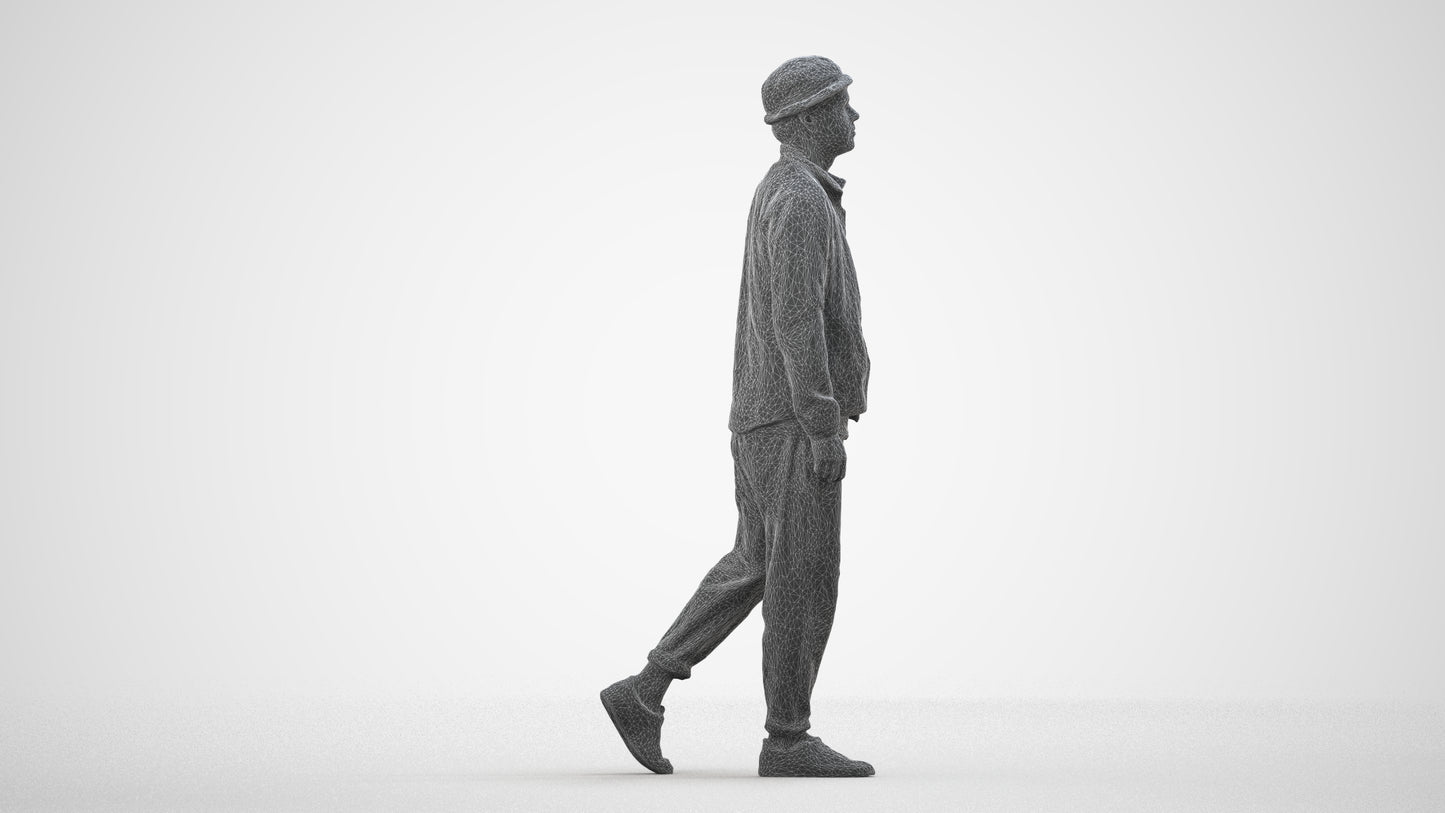 scanned 3D man casual walking, photogrammetry people for Enscape and V-Ray, wireframe side view