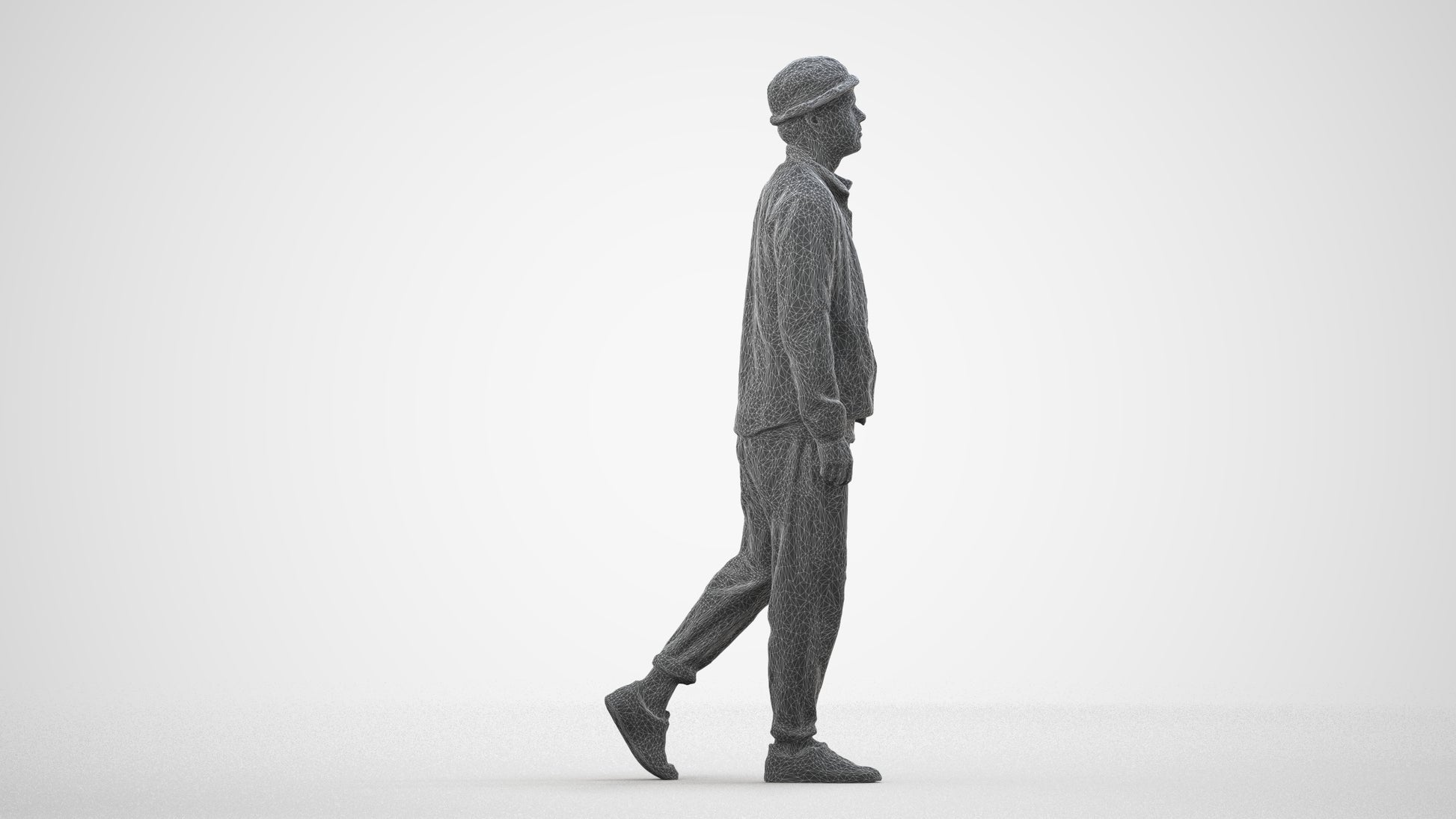 scanned 3D man casual walking, photogrammetry people for Enscape and V-Ray, wireframe side view