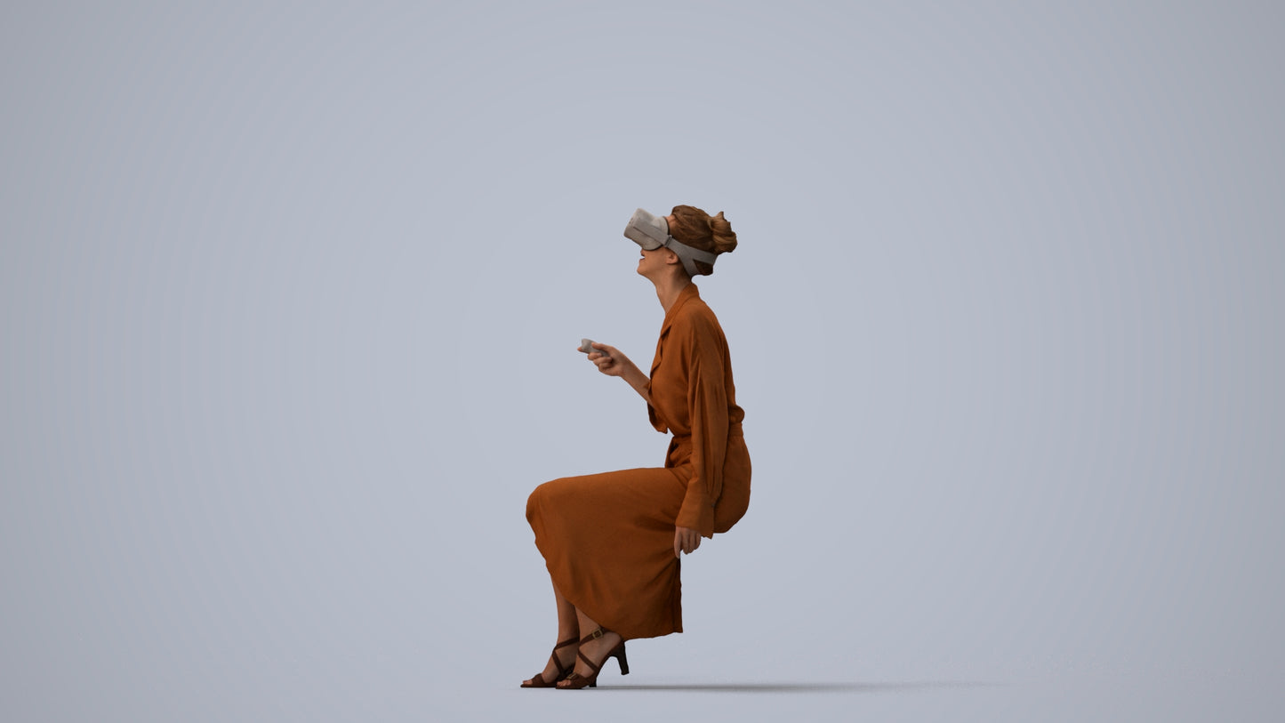 photogrammetry 3D woman casual sitting, realistic human model archviz FBX, three-quarter view render
