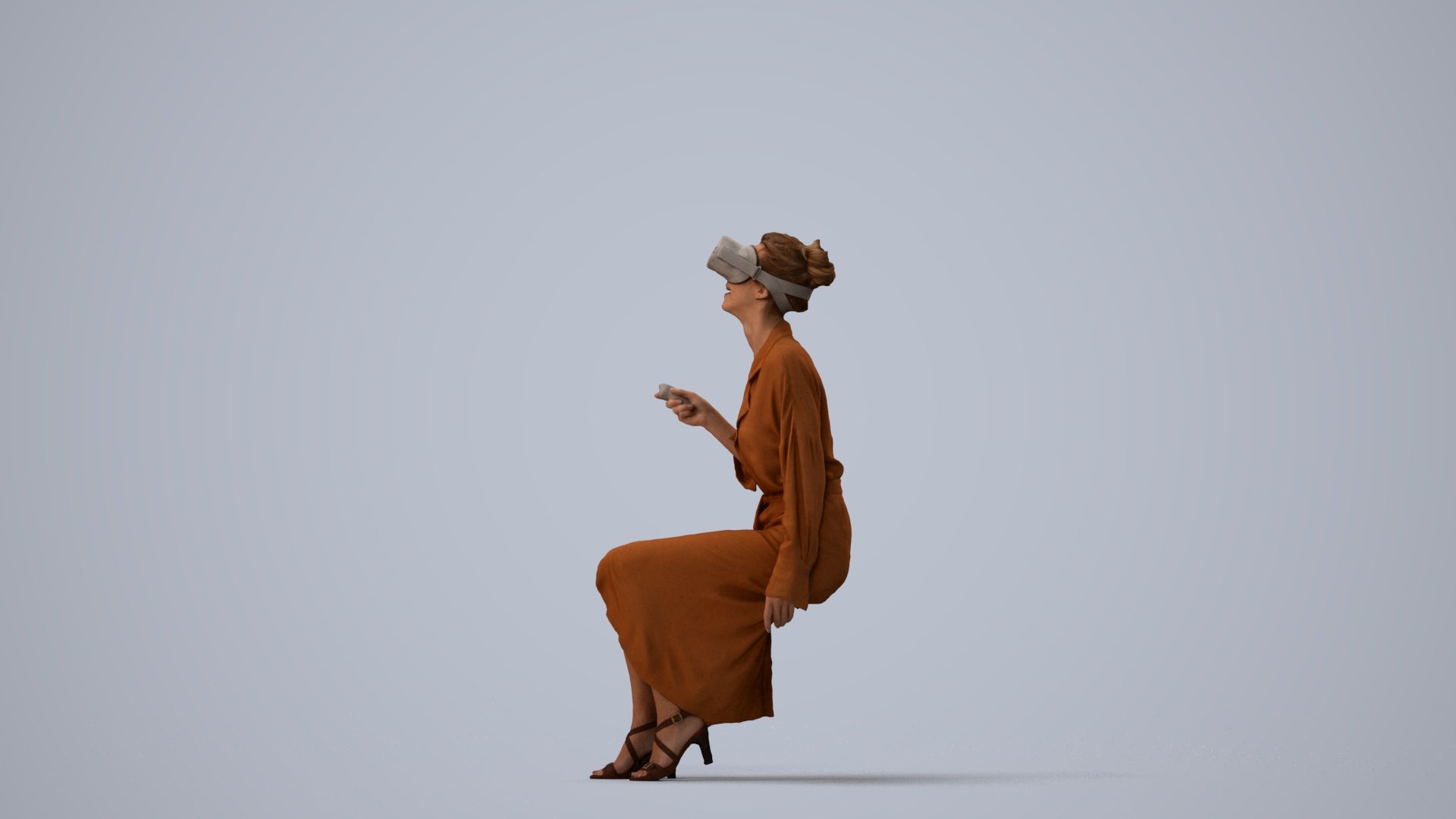 photogrammetry 3D woman casual sitting, realistic human model archviz FBX, three-quarter view render