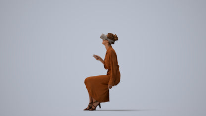 photogrammetry 3D woman casual sitting, realistic human model archviz FBX, three-quarter view render