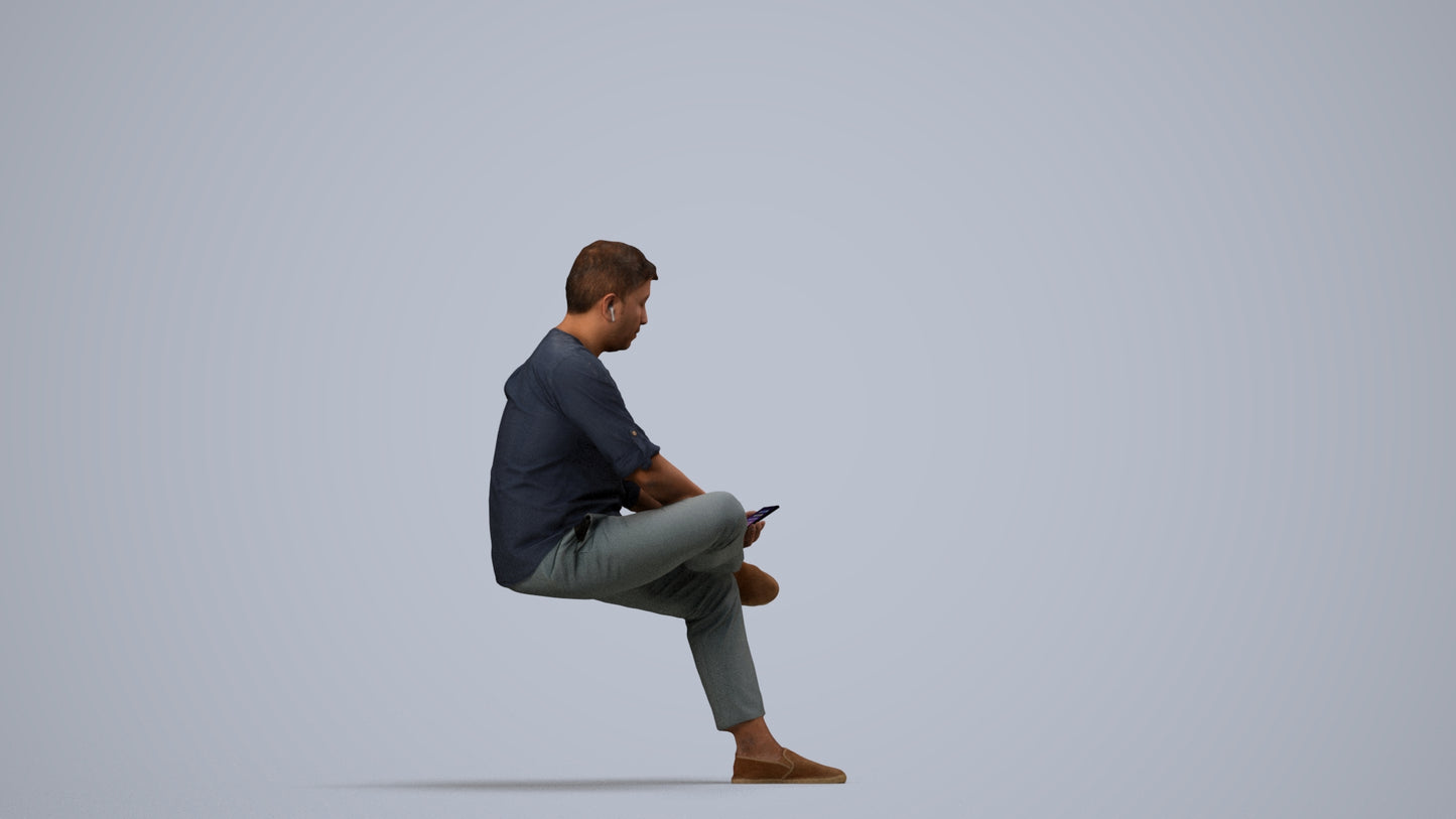 scanned 3D man casual sitting, photogrammetry people for Enscape and V-Ray, side view render