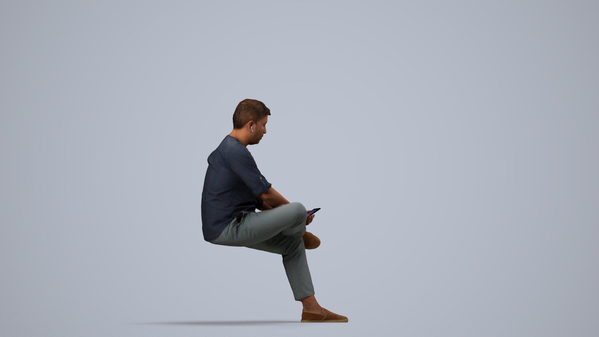 scanned 3D man casual sitting, photogrammetry people for Enscape and V-Ray, side view render