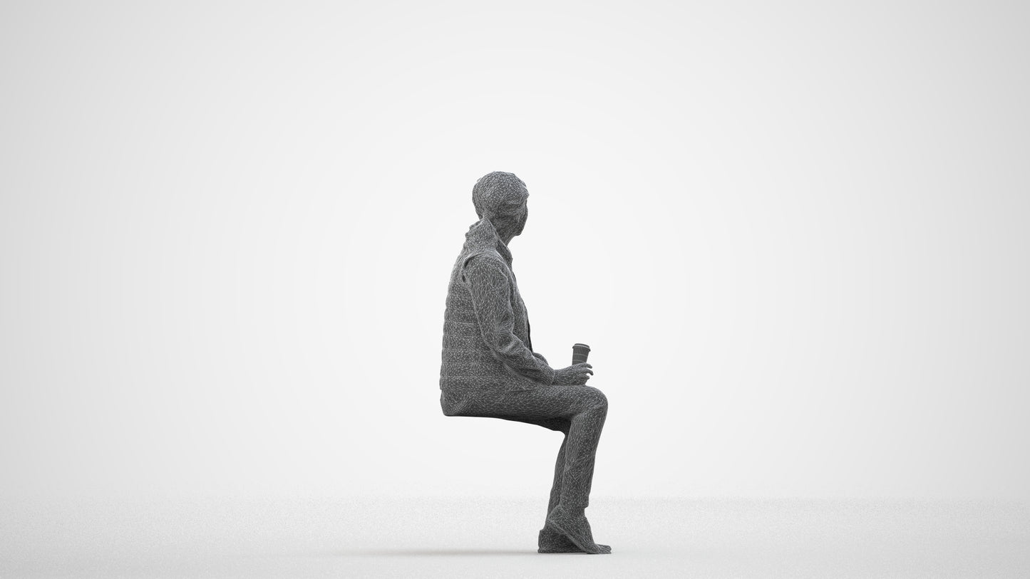 3D scanned senior woman sitting casual, photorealistic archviz people for Enscape and SketchUp, wireframe side view