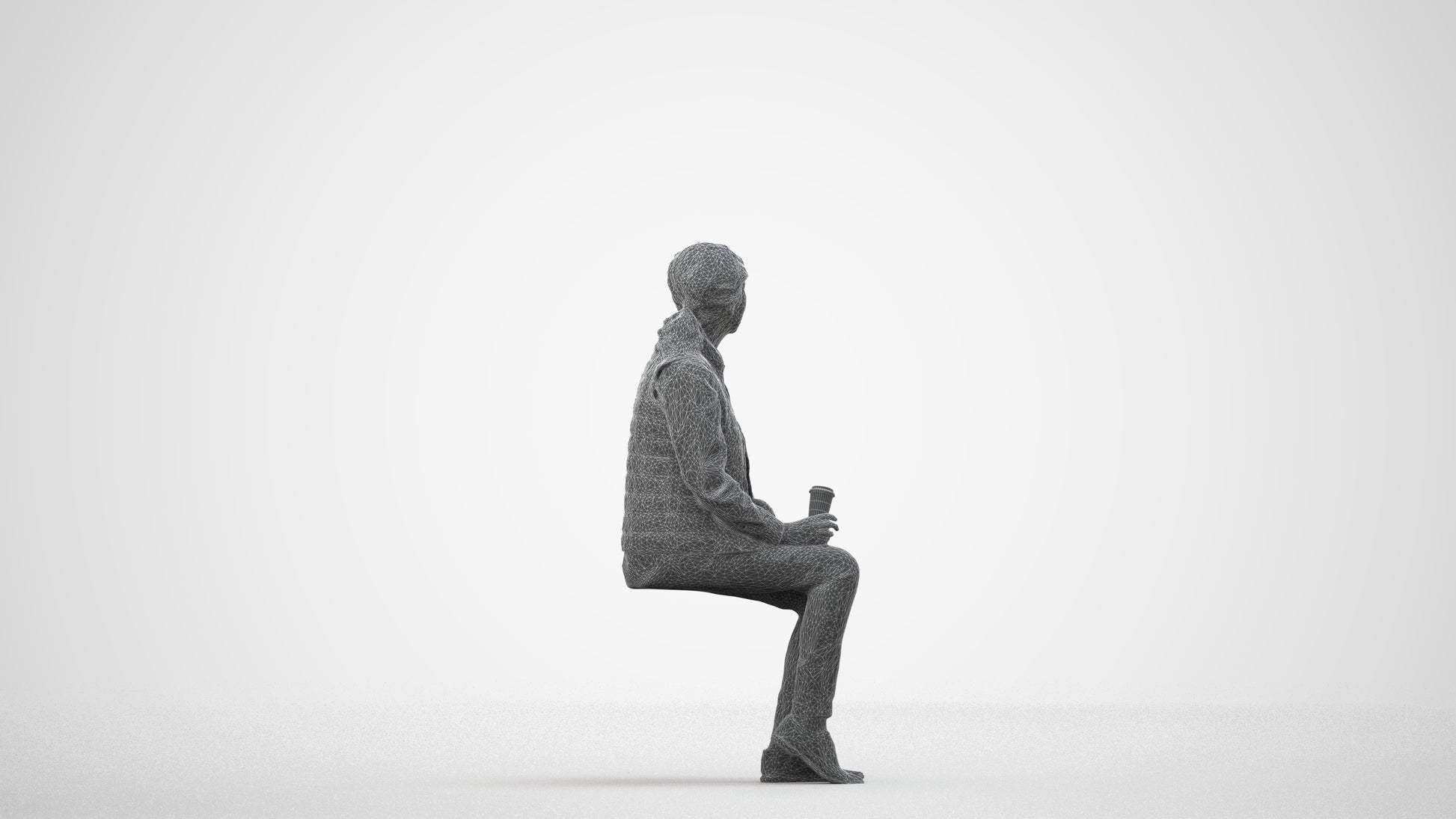 3D scanned senior woman sitting casual, photorealistic archviz people for Enscape and SketchUp, wireframe side view