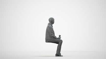 3D scanned senior woman sitting casual, photorealistic archviz people for Enscape and SketchUp, wireframe side view