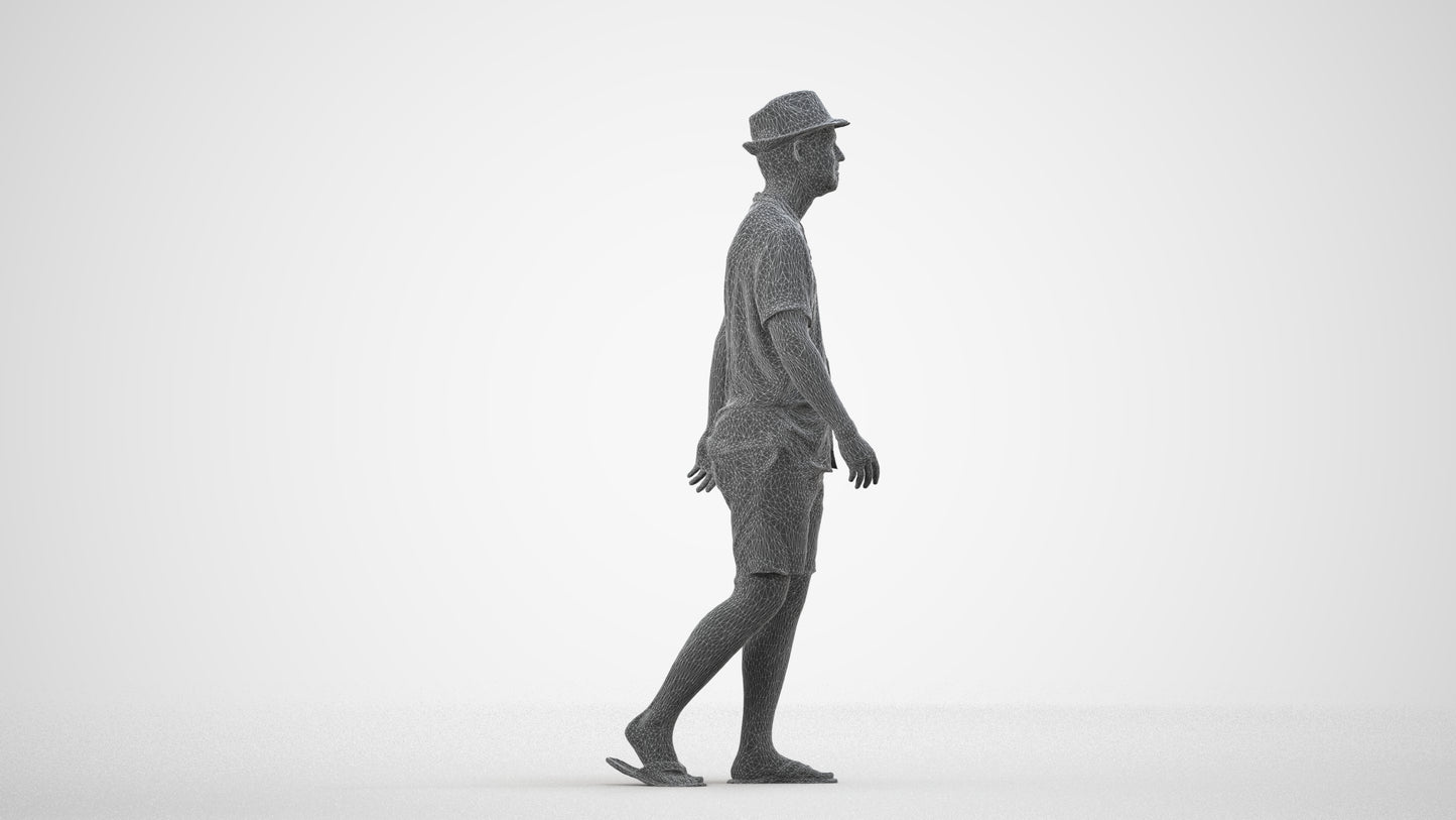 3D human model man walking, photogrammetry scanned person for archviz, wireframe side view
