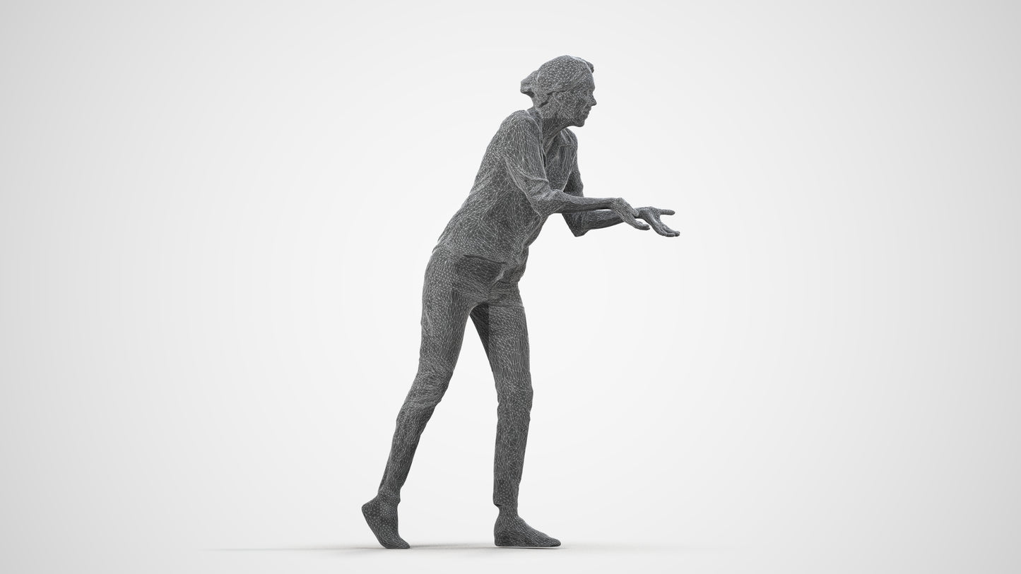 3D human model woman casual standing, photogrammetry scanned person for archviz, wireframe side view