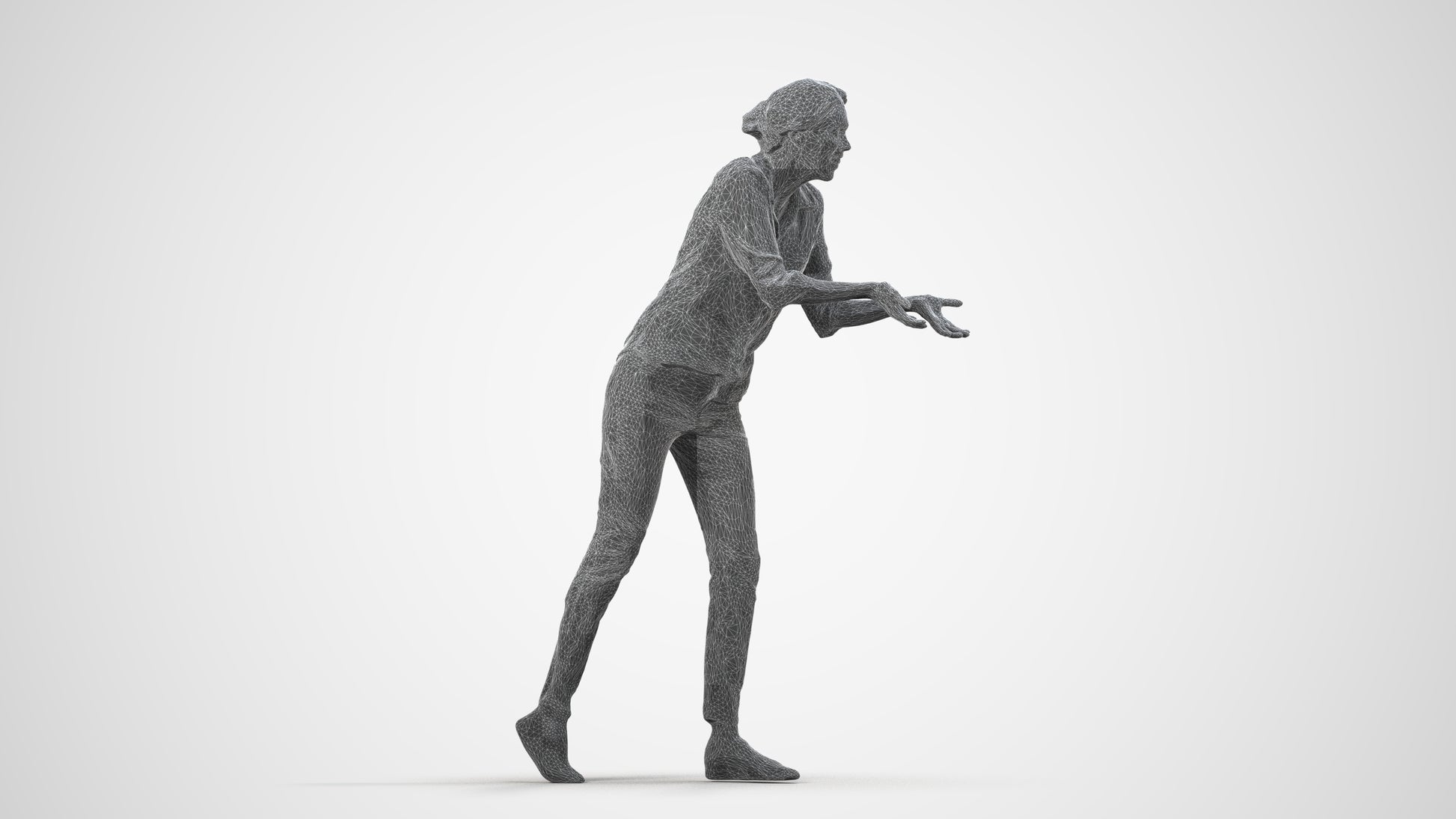 3D human model woman casual standing, photogrammetry scanned person for archviz, wireframe side view