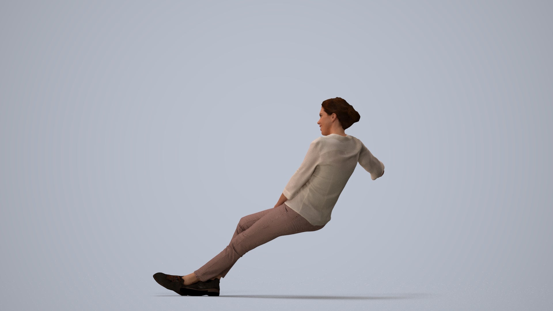 realistic 3D woman casual sitting, scanned archviz people for Blender and 3ds Max, three-quarter view render