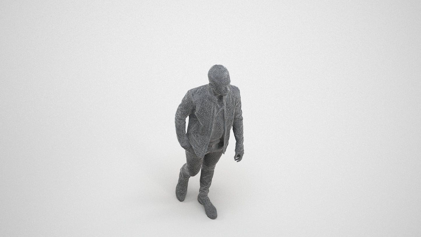3D scanned man walking business, photorealistic archviz people for Enscape and SketchUp, wireframe three-quarter view