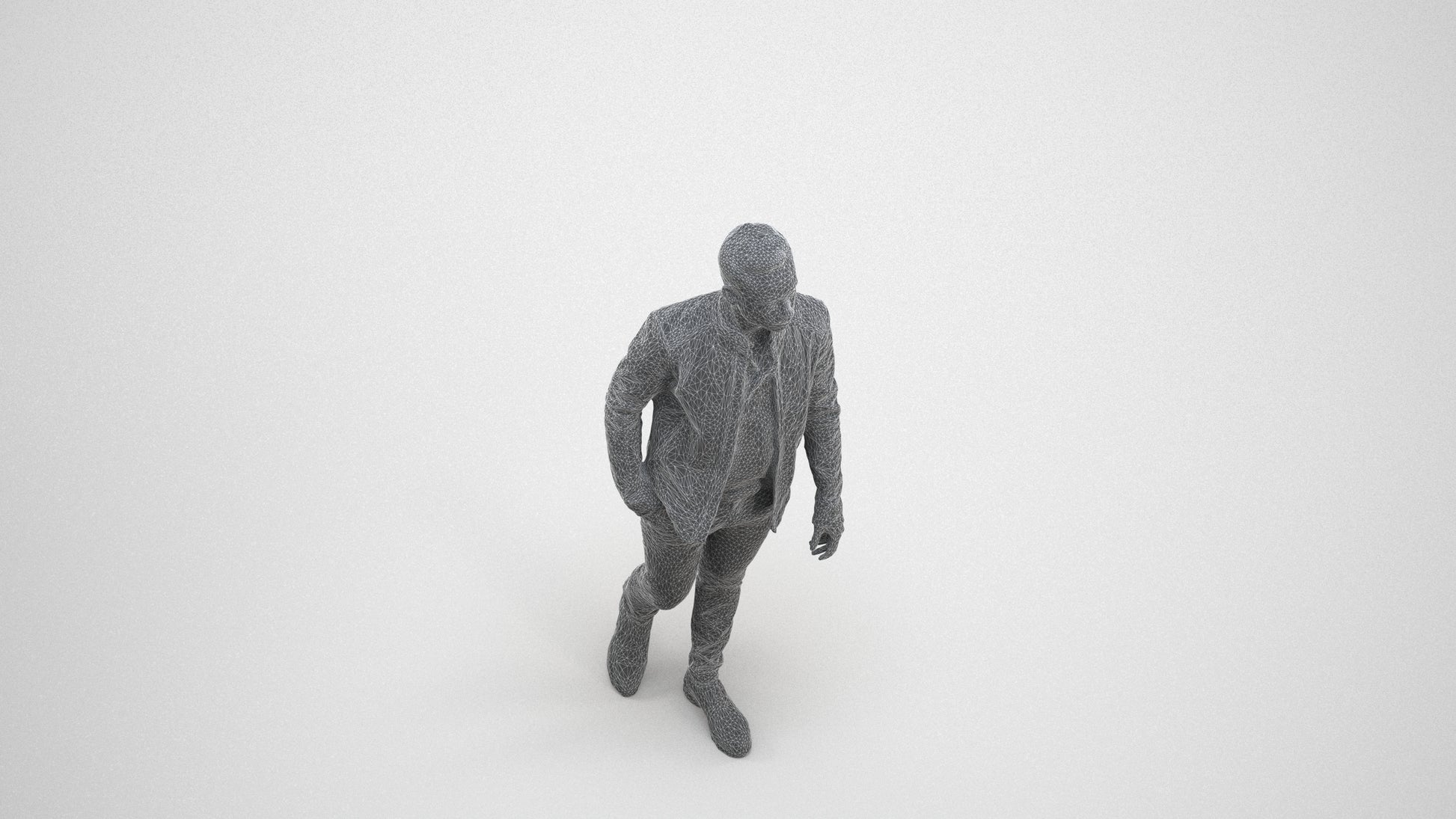 3D scanned man walking business, photorealistic archviz people for Enscape and SketchUp, wireframe three-quarter view