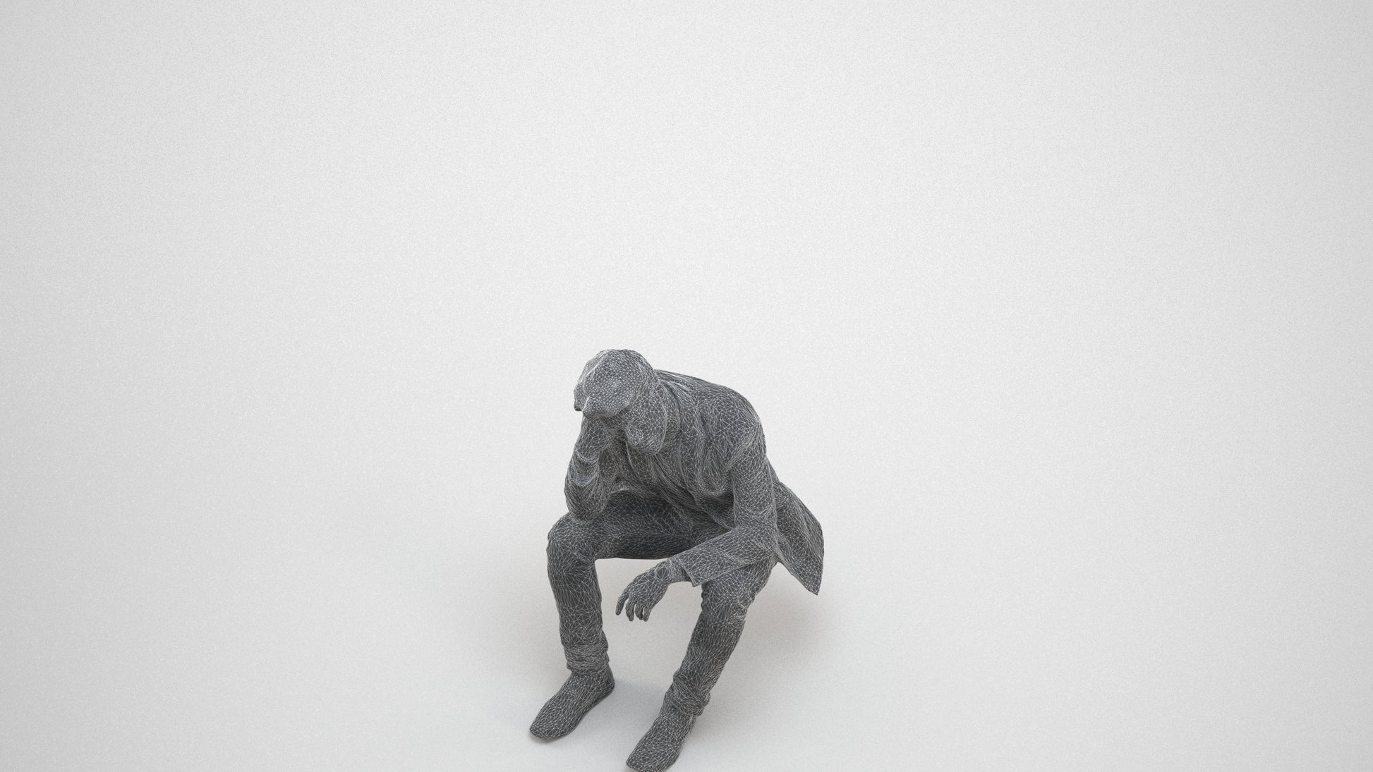 3D human model man casual business, photogrammetry scanned person for archviz, wireframe three-quarter view