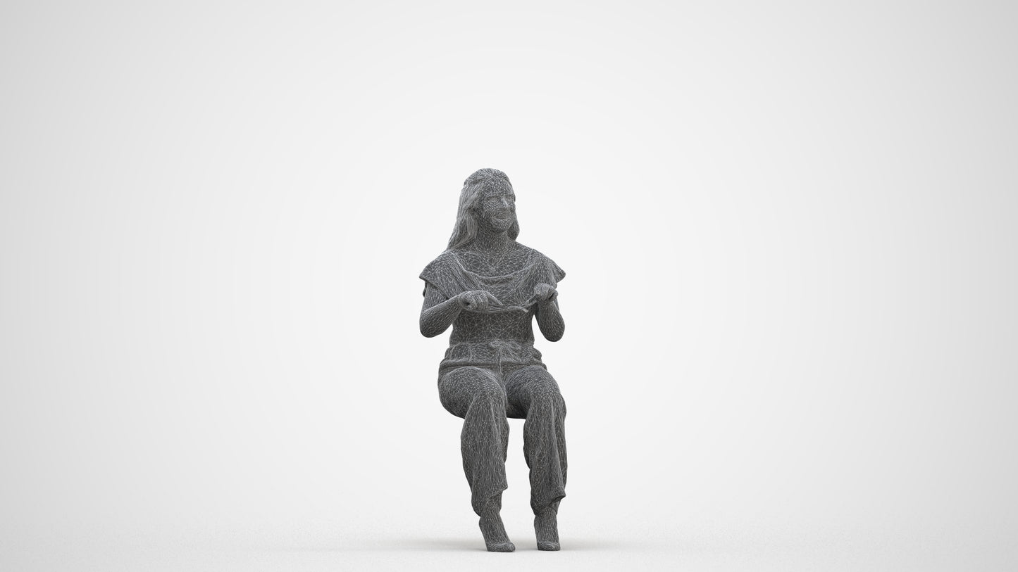 realistic 3D people woman casual sitting, render-ready for V-Ray and Corona, FBX OBJ, three-quarter front view render