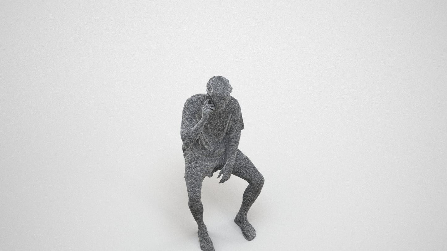 scanned 3D man casual sitting, photogrammetry people for Enscape and V-Ray, wireframe three-quarter view