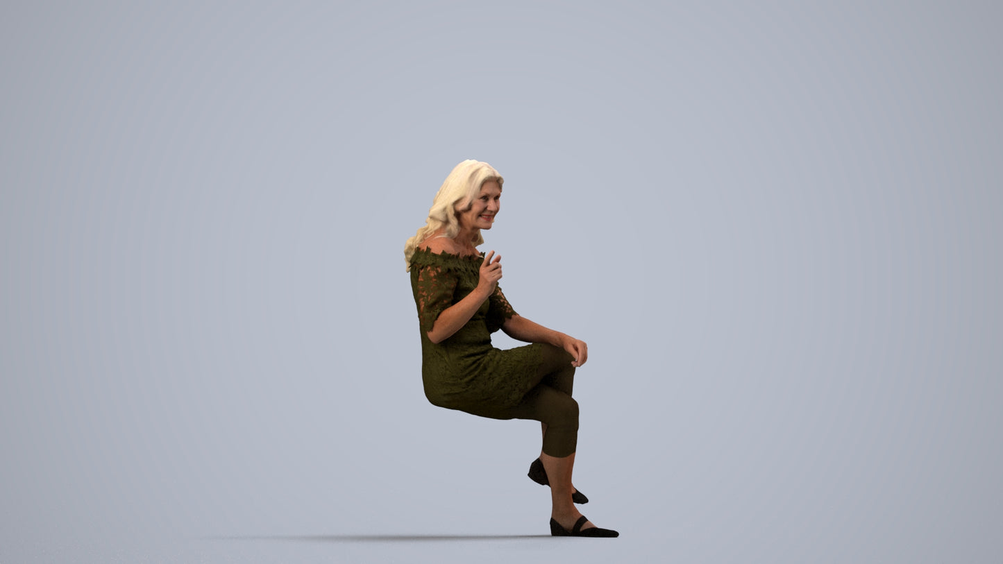 3D human model senior woman casual sitting, photogrammetry scanned person for archviz, side view render