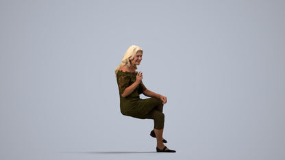 3D human model senior woman casual sitting, photogrammetry scanned person for archviz, side view render