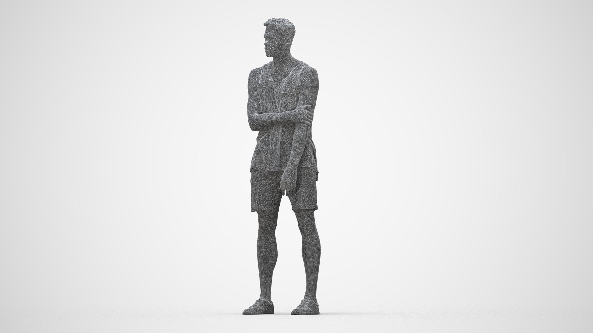 3D human model man casual standing, photogrammetry scanned person for archviz, wireframe back view